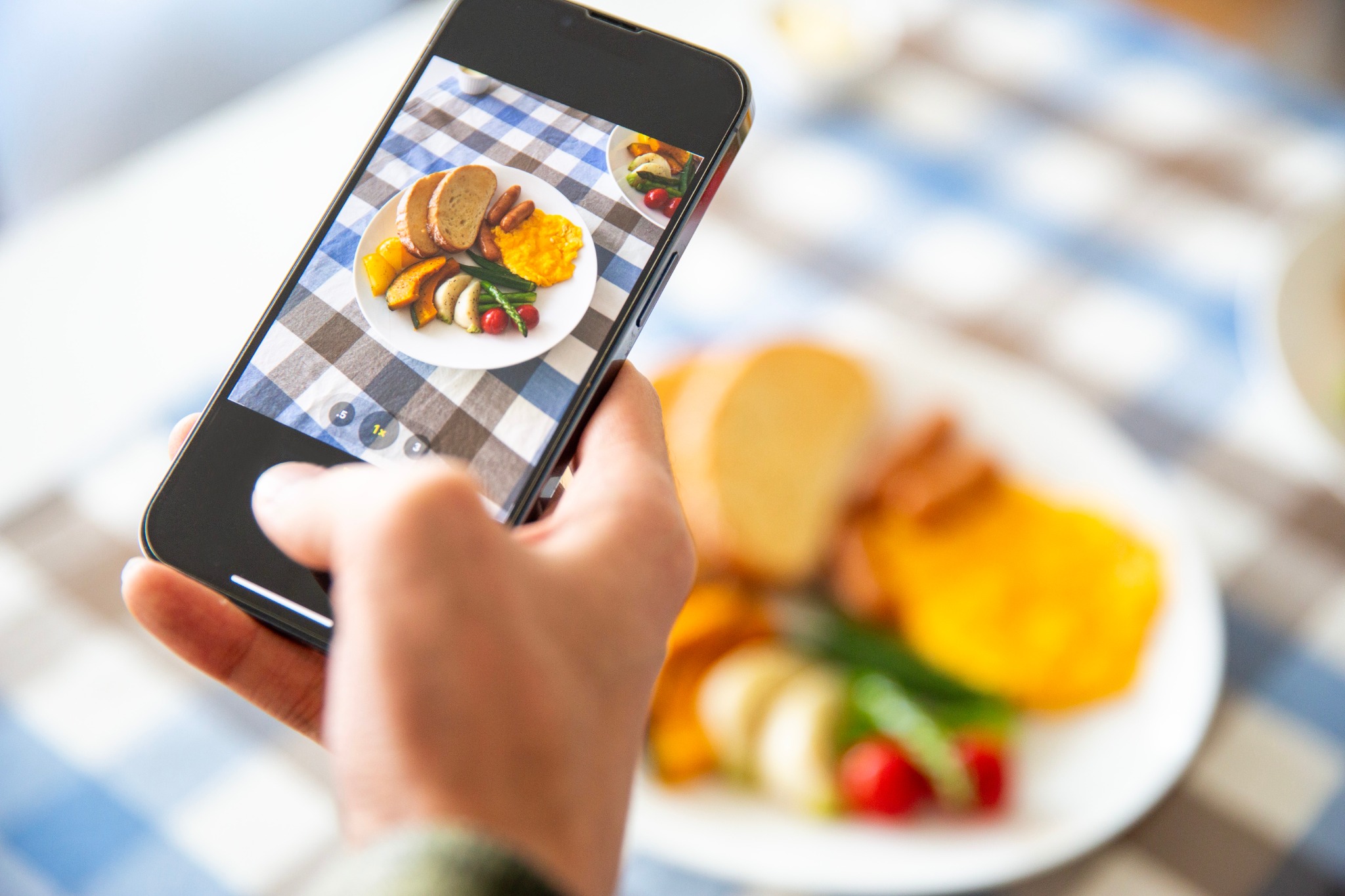 スマートフォンで食事を撮影する手元
