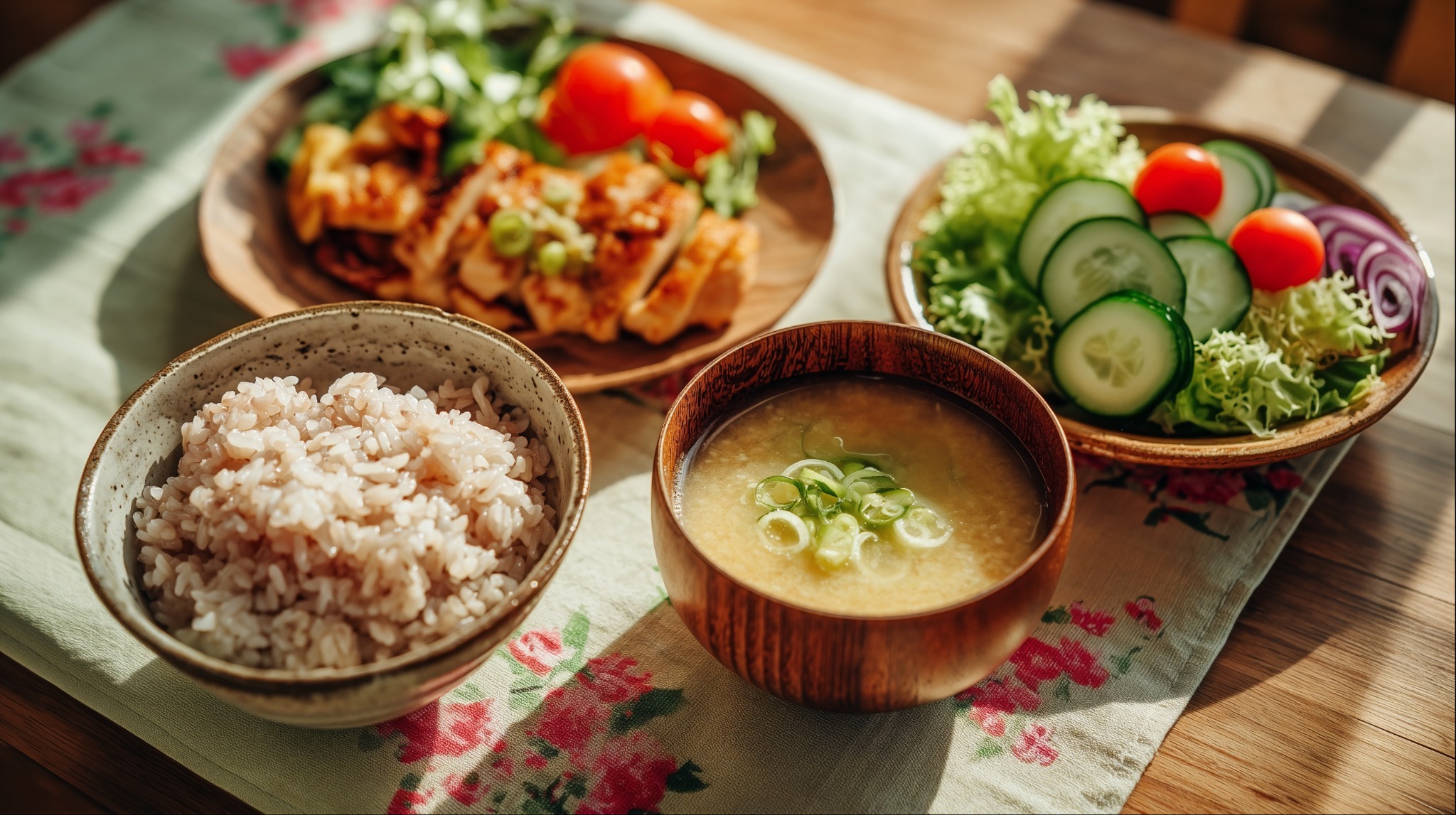 ご飯、汁物、主菜とサラダを組み合わせた食卓
